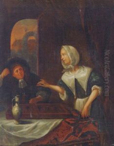A Couple Playing Backgammon In An Interior, A Garden Seen Through An Open Door Beyond by Richard Brakenburg