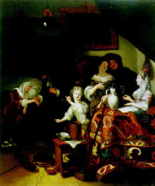 Interior With Figures Gathered Around A Table Covered With A Turkish Rug And A Doctor Examining A Woman - view 1