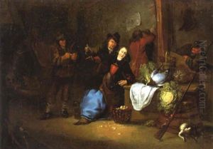 An Interior With Men Smoking And A Woman Peeling Vegetables An Interior With Men Smoking And A Woman Peeling Vegetables