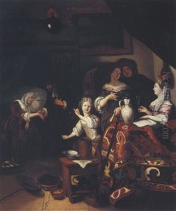 Interior With Figures Gathered Around A Table And A Doctor Examining A Woman