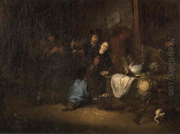 An Interior With A Woman Preparing Vegetables, A Courting Couple... - view 1