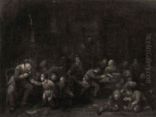 A Teacher Punishing A Boy In A Schoolclass With Pupils Playing Marbles - view 1