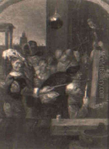 An Artist Working By Candlelight Observed By A Jester And Villagers - view 1