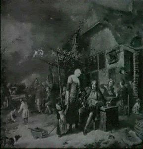 Joueur De Vielle Devant Une Auberge Joueurs De Cartes Et Buveurs Devant Une Auberge by Richard Brakenburg