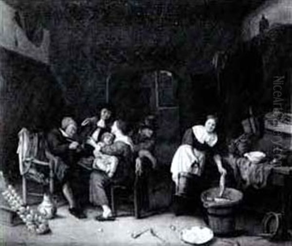 Figures Gathered In A Kitchen Interior With A Woman Prepar- Ing - view 1