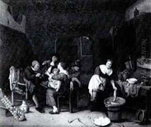Figures Gathered In A Kitchen Interior With A Woman Prepar- Ing Figures Gathered In A Kitchen Interior With A Woman Prepar- Ing