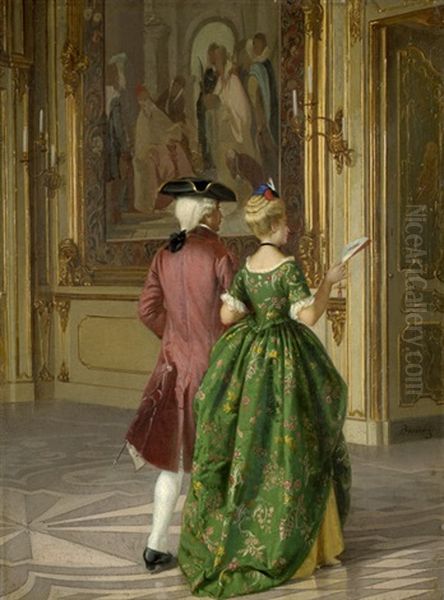 Elegantes Paar In Rokokokostumen Durchschreitet Den Festsaal Des Palazzo Crotta In Venedig - view 1