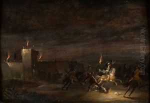 Combat De Cavaliers Pres D"un Village Incendie by Leonard Bramer