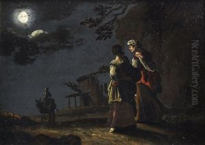 Figures Walking On A Country Path In The Moonlight by Leonard Bramer