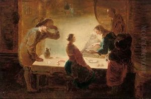 A Fortune-teller Reading A Young Girl's Palm At A Table, With Three Men Watching