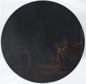 A Moonlit Landscape With Travellers Leading Their Pack Mules, A Resting Goat Herd Beyond by Leonard Bramer