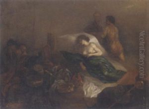 A Woman In A Bedchamber Surrounded By Riches And Other Figures