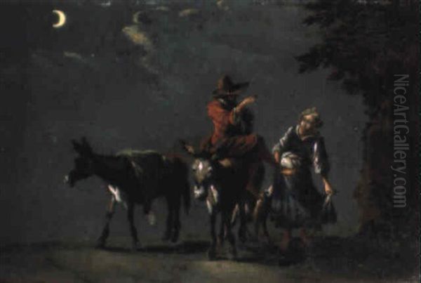 A Peasant Couple With Donkeys And A Dog On A Track By Moonlight - view 1