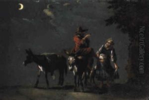 A Peasant Couple With Donkeys And A Dog On A Track By Moonlight by Leonard Bramer
