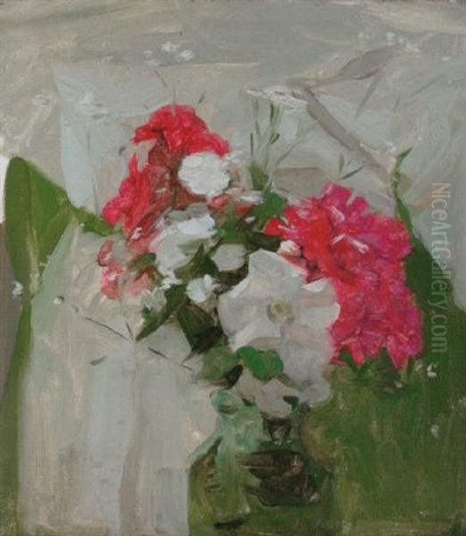 Red And White Flowers In A Green Glass Vase - view 1