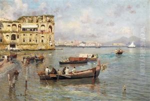 In Der Bucht Von Neapel. Blick Auf Den Palast Der Konigin Johanna Und Den Vesuv
