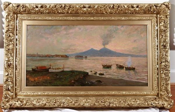 Fishing Boats In The Bay Of Naples With Mount Vesuvius - view 1