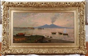 Fishing Boats In The Bay Of Naples With Mount Vesuvius