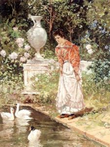 A Young Girl Before An Ornamental Pond by Carlo Brancaccio