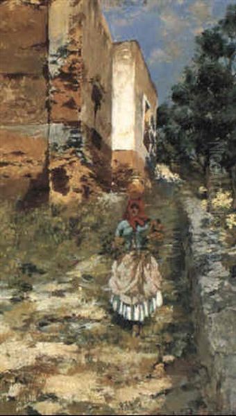 Italian Lady Collecting Water And Flowers - view 1