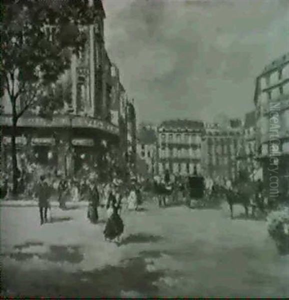 Pariser Strassenszene Mit Zahlreichen                       Passanten Und Kutschen - view 1