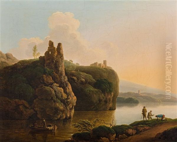 River Landscape With Fishermen And Boats - view 1