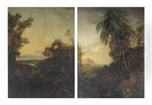 A Mountainous Landscape With Ancient Ruins On A Hill; And A Mountainous Landscape With Cattle Fording A Stream by Christian Hilfgott Brand
