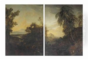 A Mountainous Landscape With Ancient Ruins On A Hill; And A Mountainous Landscape With Cattle Fording A Stream (pair) by Christian Hilfgott Brand