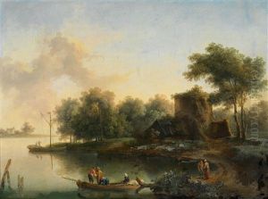 Flusslandschaft Mit Ruinen Und Brucke; Flusslandschaft Mit Booten Und Hutte Am Ufer by Christian Hilfgott Brand