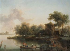 Ruinenlandschaft Mit Brucke Und Personenstaffage (+ Flusslandschaft Mit Booten, Personen Und Hutte Am Ufer; Pair) by Christian Hilfgott Brand