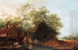Wascherinnen Vor Einem Bauernhaus Im Walde An Einem Bach