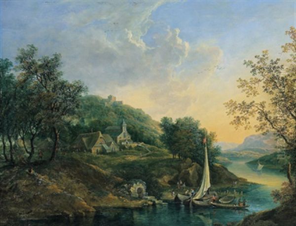 Gebirgige Flusslandschaft Mit Ankernden Booten, Einem Dorf Und Auf Der Anhohe Einer Burgruine Sowie Vielen Figuren - view 1
