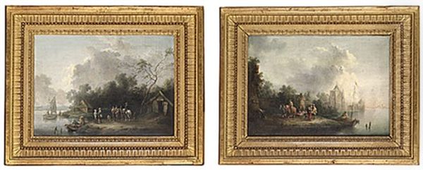 Flodlandskap Med Byggnader Och Figurstaffage (+ Another Similar; Pair) - view 1