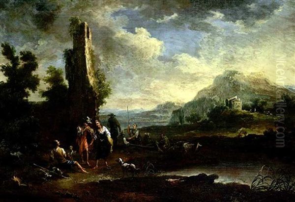 Ruinenlandschaft, Im Vordergrund Fischer Und Flotenspieler - view 1