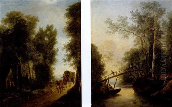 Waldlandschaft Mit Reisenden In Einem Fuhrwerk (bewaldete Flusslandschaft Mit Kahnfahrern Und Anglern Auf Einem Steg; Pair) - view 1