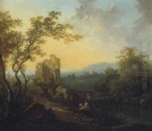 Weite, Bewaldete Landschaft Mit Ruinen Und Rastenden by Christian Hilfgott Brand