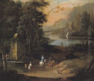 Bewaldete Fluslandschaft Mit Einem Monumentalen Brunnen Und Zwei Reitern by Christian Hilfgott Brand
