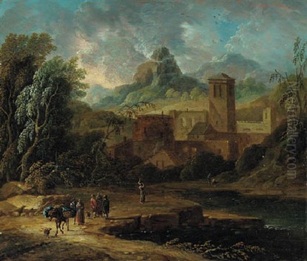 An Italianate Landscape With Travellers And A Packmule On A River Bank - view 1