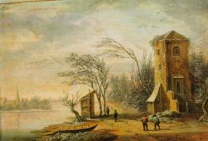 Flusslandschaft Mit Einem Turm Und Reisenden Flusslandschaft Mit Einem Turm Und Reisenden