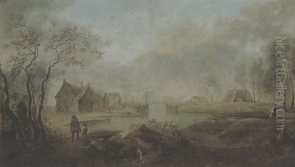 Weite Flusslandschaft Mit Bauernhausern Und Figuren - view 1