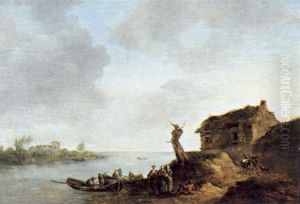 Fluslandschaft Mit Einem Bauernhaus, Booten Und Figuren Fluslandschaft Mit Einem Bauernhaus, Booten Und Figuren