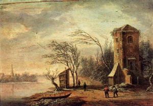 Fluslandschaft Mit Einem Turm Und Reisenden Fluslandschaft Mit Einem Turm Und Reisenden