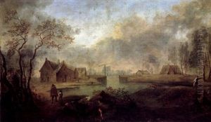 Weite Fluslandschaft Mit Bauernhausern Und Figuren by Christian Hilfgott Brand