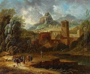 An Italianate Landscape With Travellers And A Packmule On The River Bank