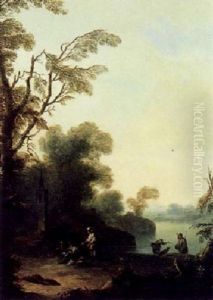 Fluslandschaft Mit Einer Kapelle Und Rastenden, Abend Fluslandschaft Mit Einer Kapelle Und Rastenden, Abend