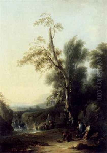 Gebirgige Fluslandschaft Mit Rastenden, Abend - view 1
