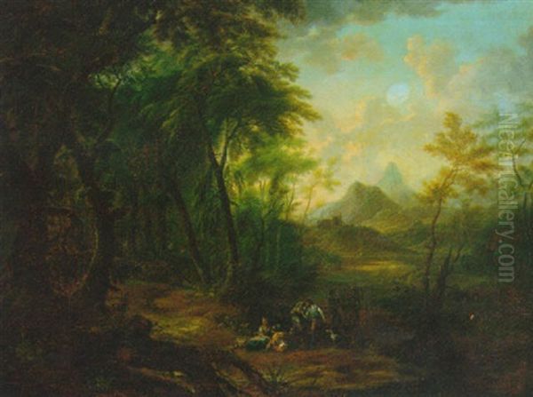 A Wooded Landscape With Figures Resting On A Track - view 1