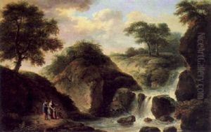 Gebirgige Landschaft Mit Zuschauern Vor Eine Wasserfall