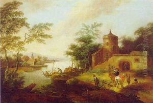 Bewaldete Fluslandschaft Mit Einer Fahre Und Reitern Vor Einem Schlosturm