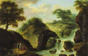 Gebirgige Landschaft Mit Zuschauern Vor Einem Wasserfall